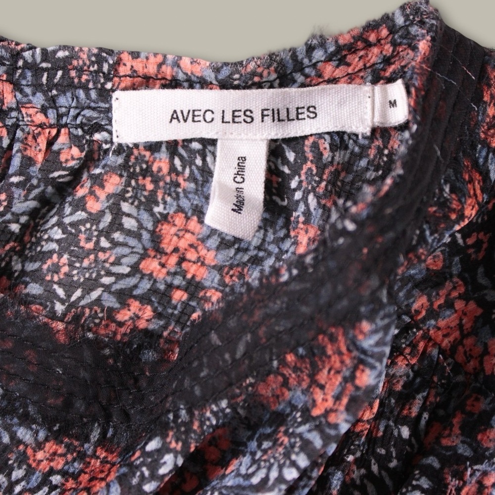 Avec Les Filles Floral Lace Trim Ruched Sleeve Blouse M Navy Coral Boho Chic Top - Picture 5 of 9